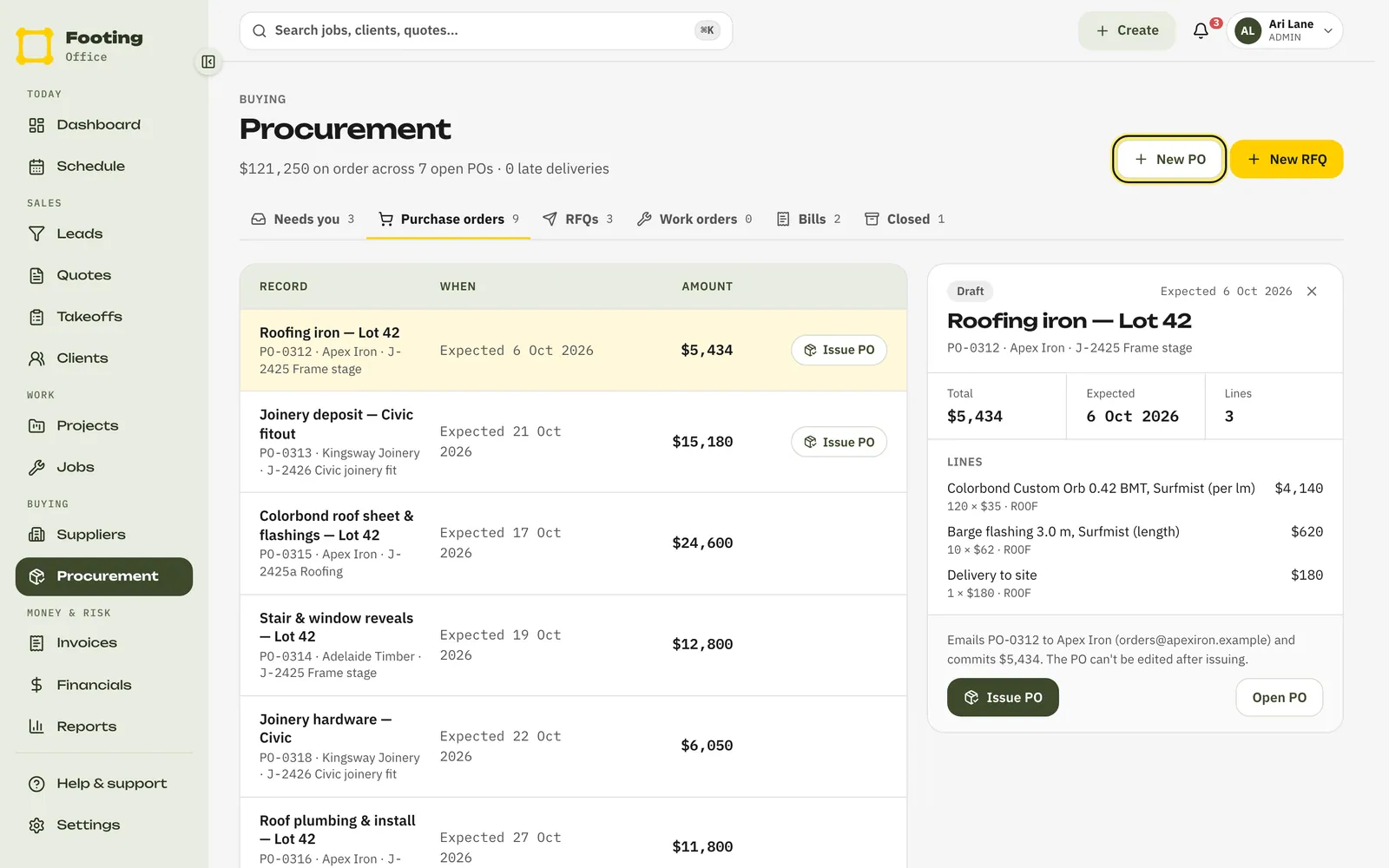 The Procurement page with the New PO button ringed