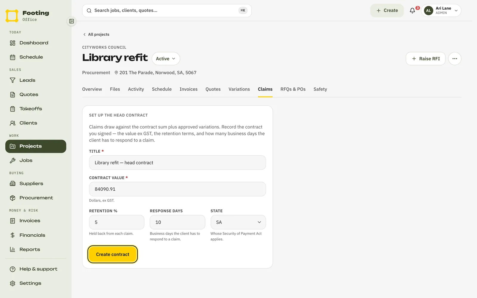 The Set up the head contract form on a project’s Claims tab