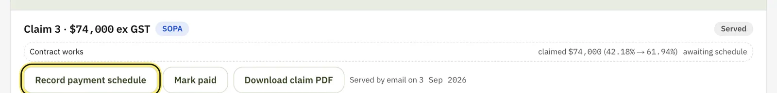 A served claim with Record payment schedule, Mark paid and Download claim PDF