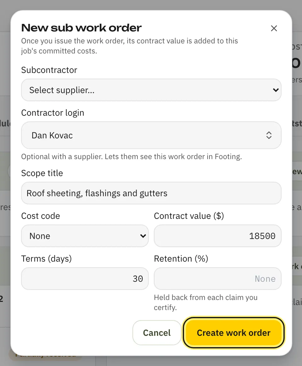 The New sub work order form filled in, with the Create work order button