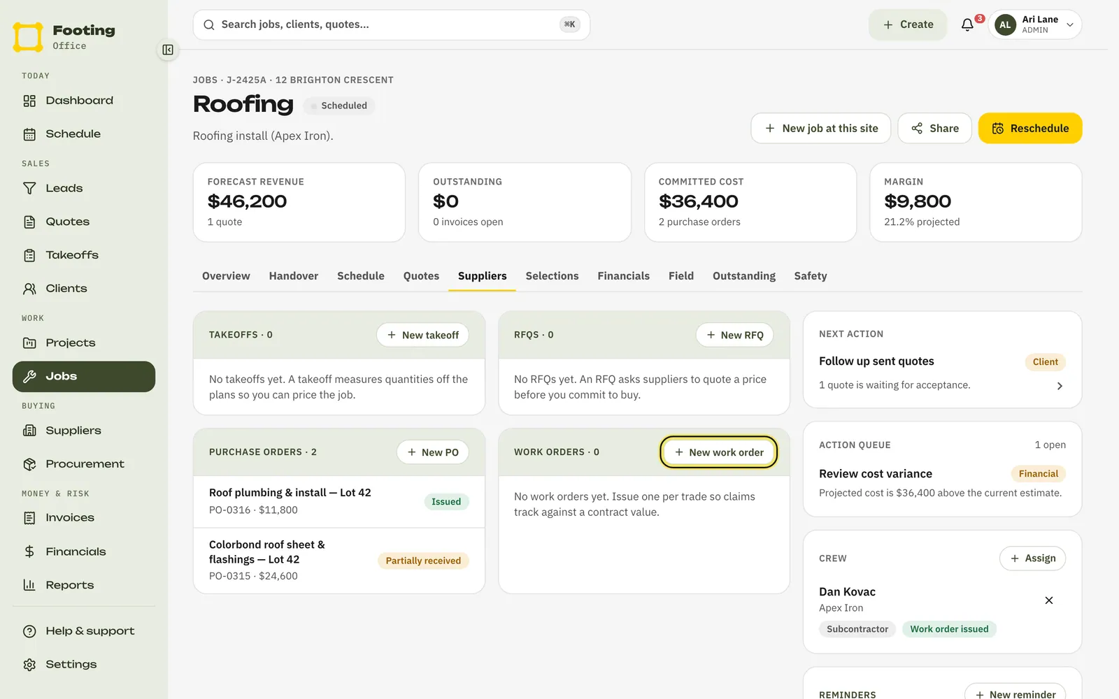 The job’s Suppliers tab, on Work orders, with the New work order button