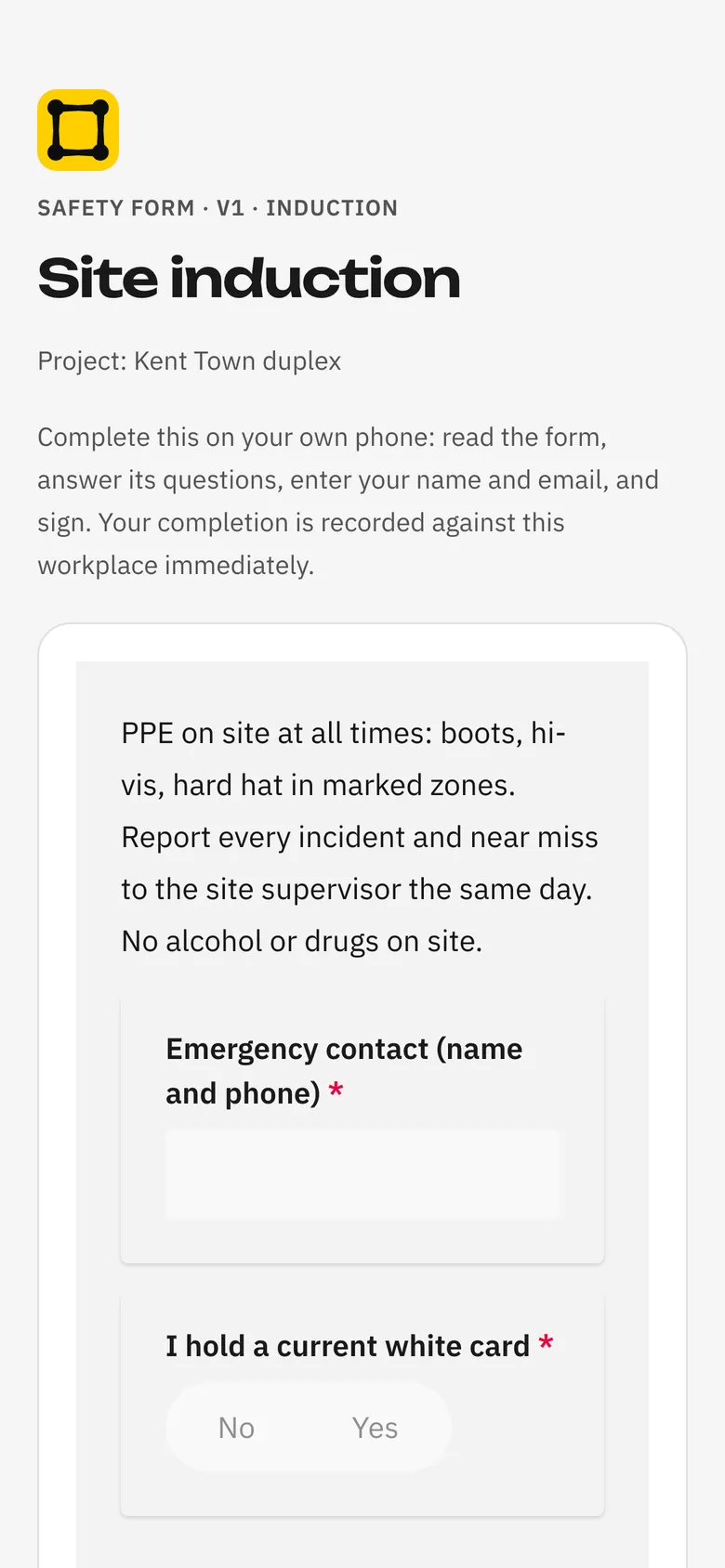 The Site induction form open on a worker's phone