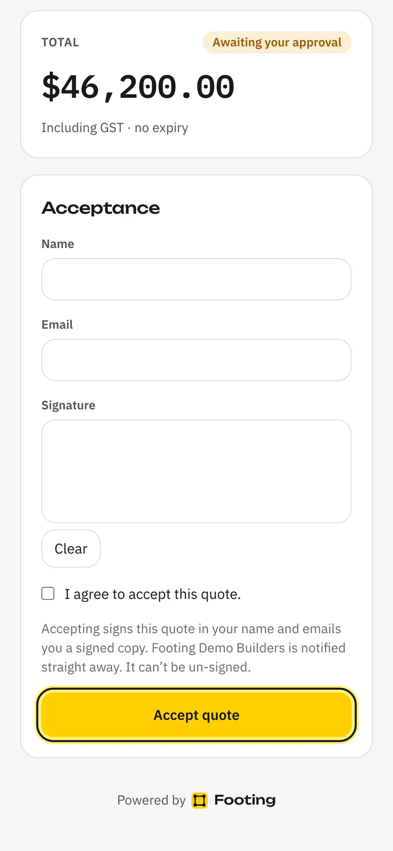 The quote on a client's phone, with name, email, signature and the Accept quote button