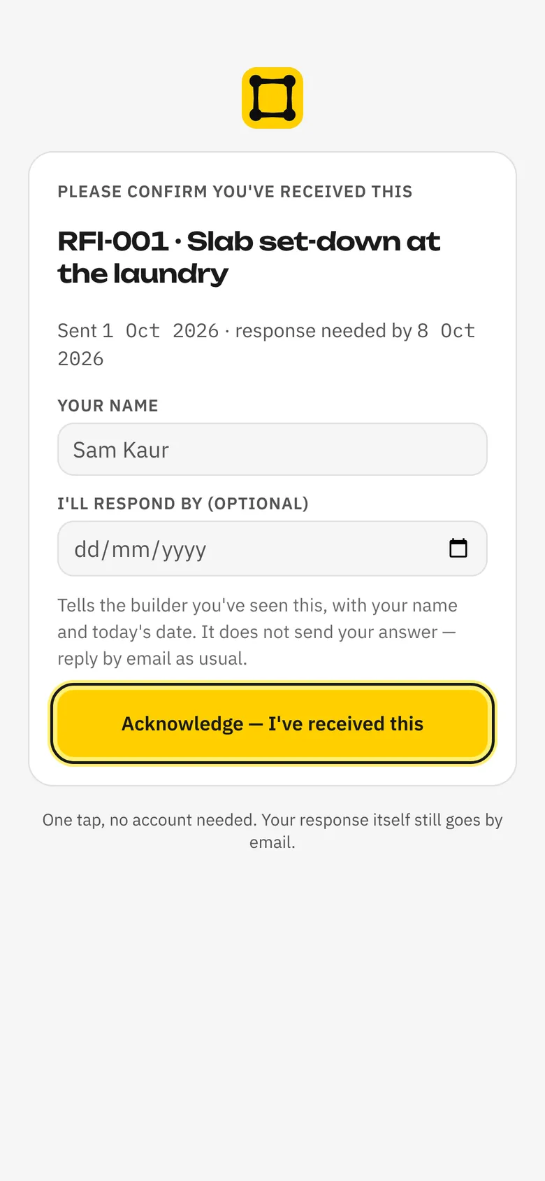 The RFI on the recipient's phone, with the Acknowledge button
