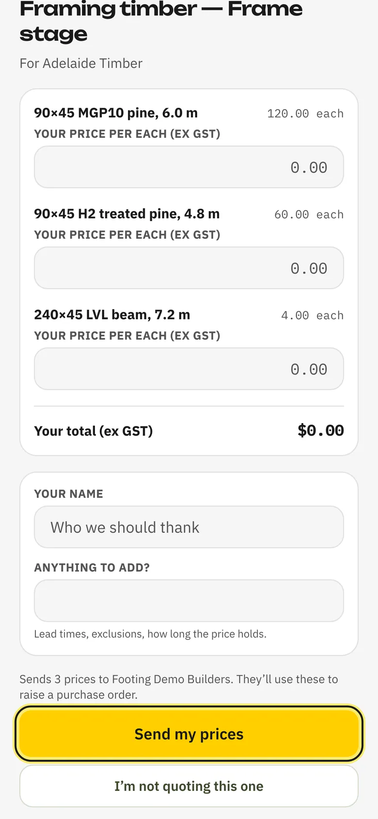 The price request on a supplier's phone, with a price box for each item and Send my prices