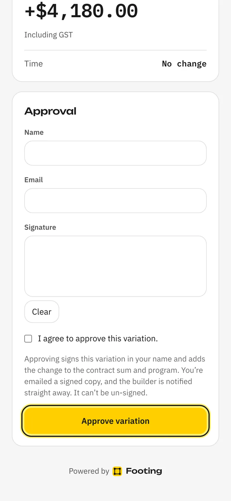 The variation on the client's phone, with name, email, signature and Approve variation
