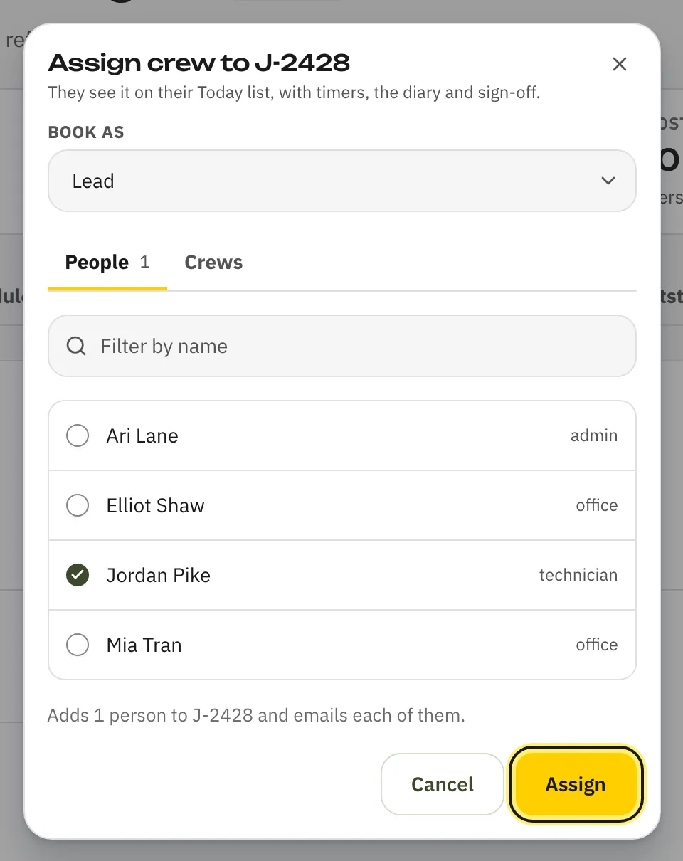 The Assign crew form with Jordan Pike ticked and the Assign button
