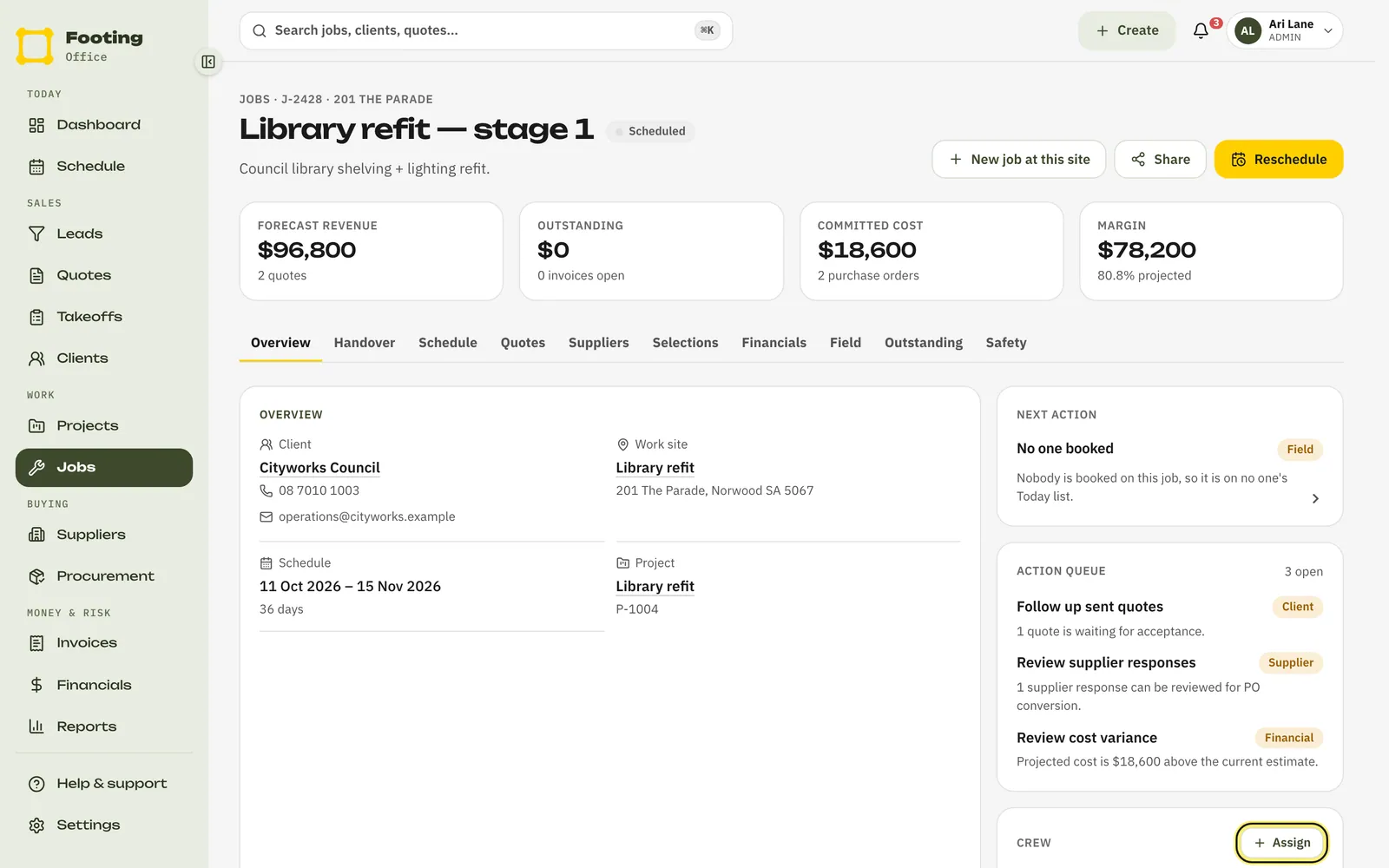 A job page with the Crew card and its Assign button