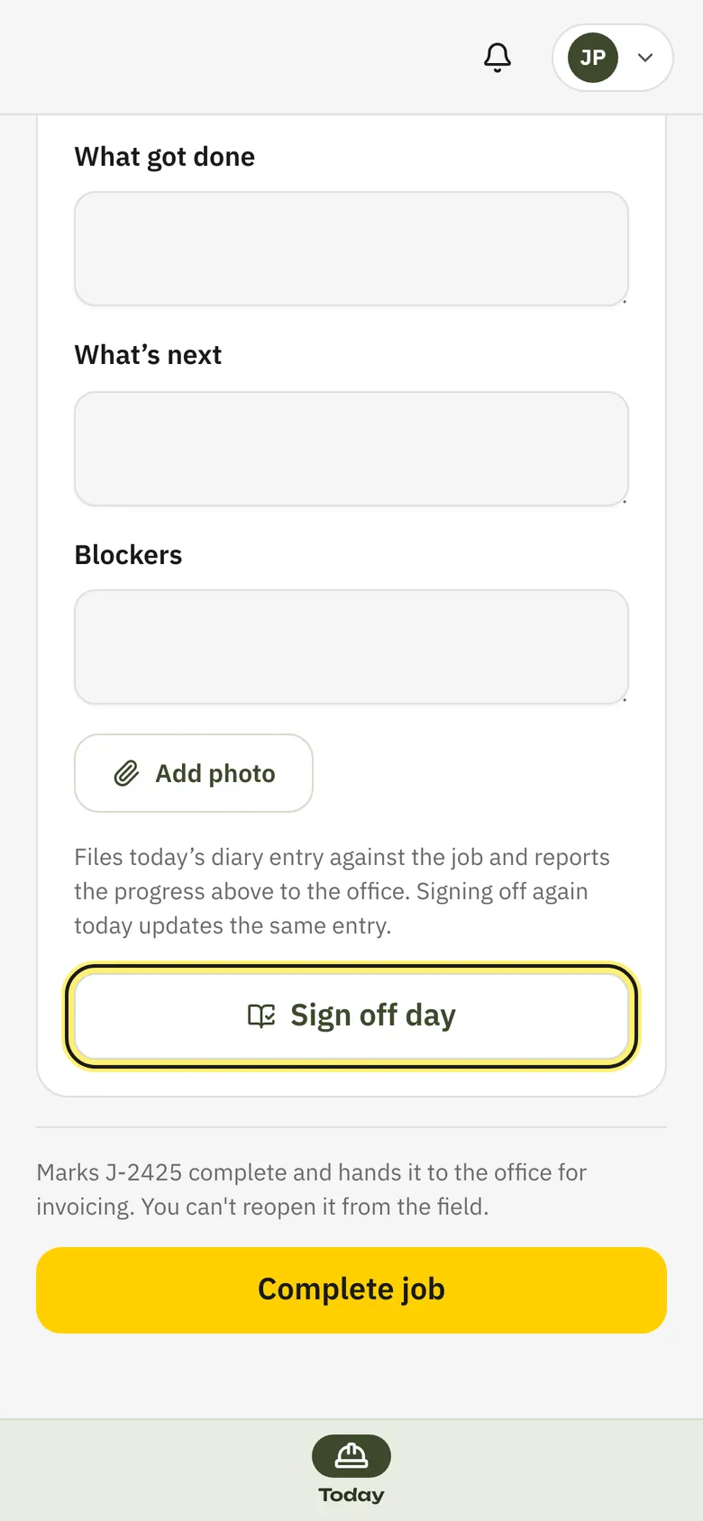 The End of day sign-off card on a phone, with the Sign off day button