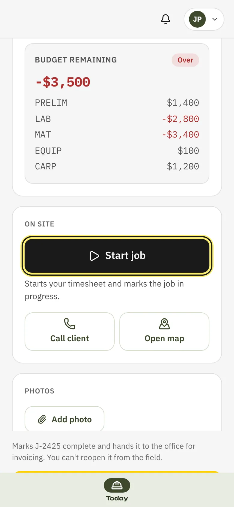 Today on a phone, with the Start job button