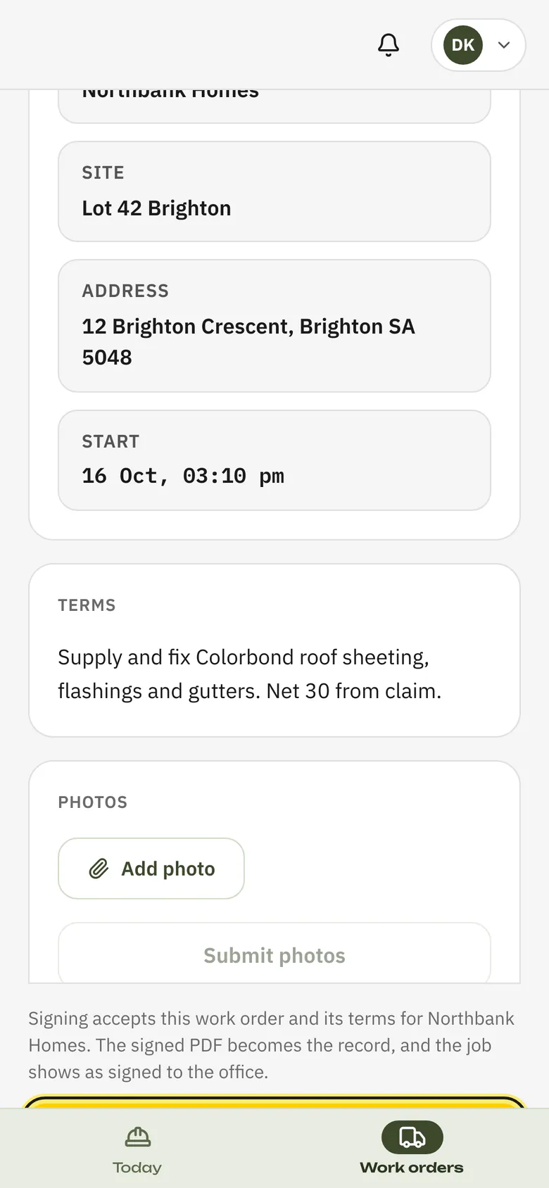 My work orders on a phone, with the Sign acceptance button