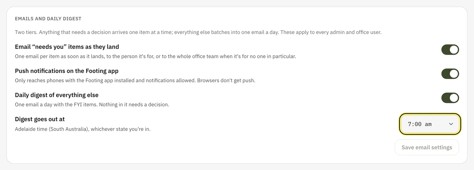 The Emails and daily digest settings, with the Digest goes out at time ringed