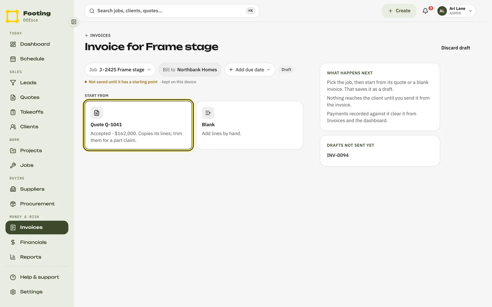 A new invoice for the Frame stage job, with Quote Q-1041 and Blank to start from