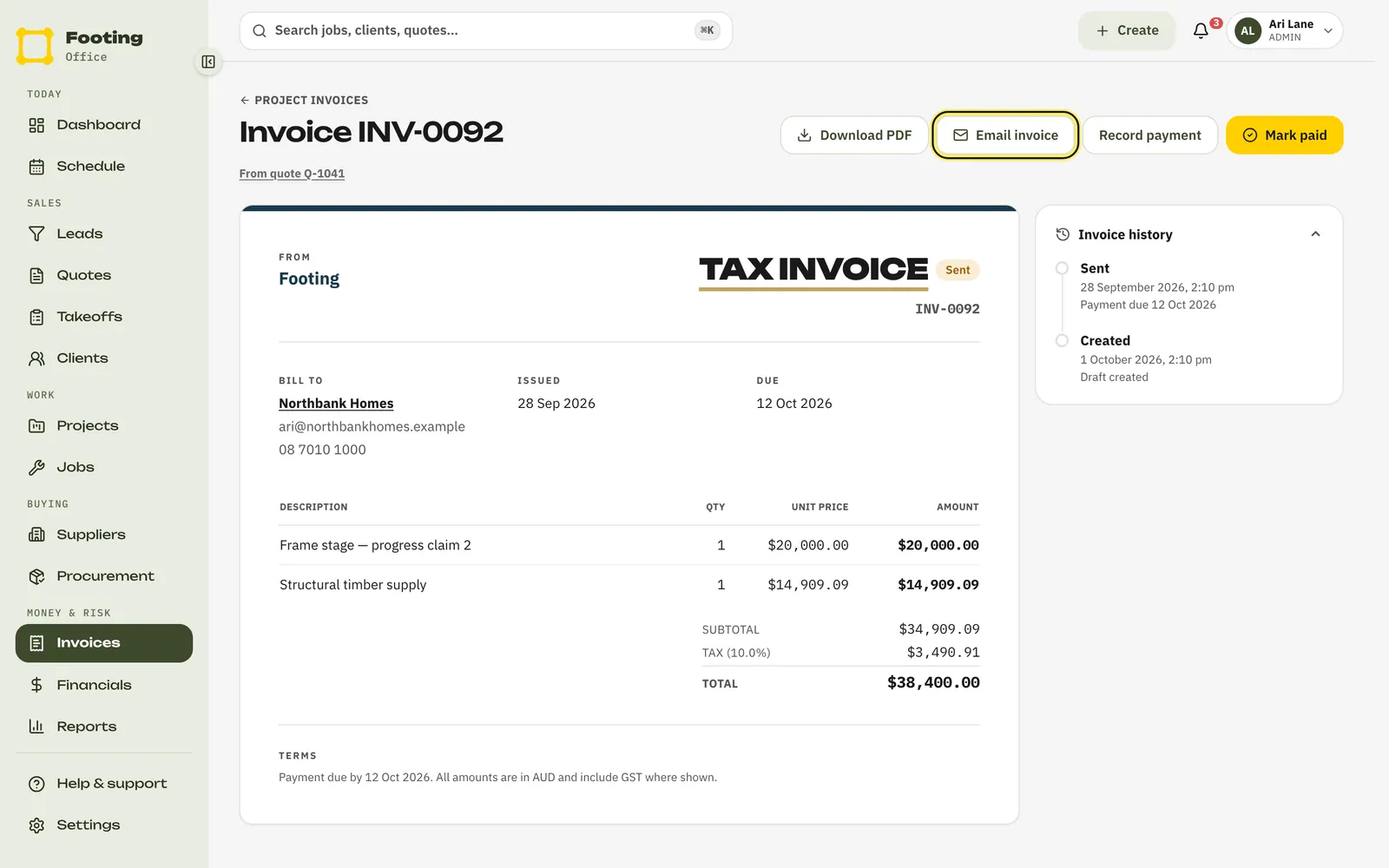 A sent invoice with Download PDF, Email invoice, Record payment and Mark paid at the top