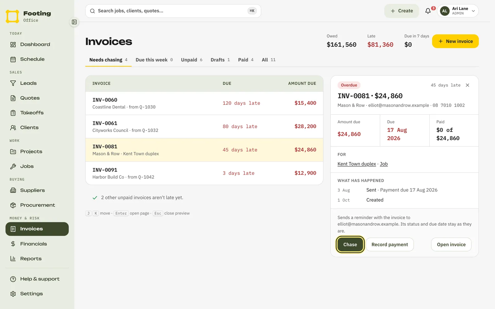 The Invoices list on Needs chasing, with INV-0081 open beside it and the Chase button ringed