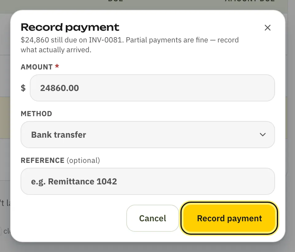 The Record payment box with Amount, Method and Reference, and the Record payment button ringed