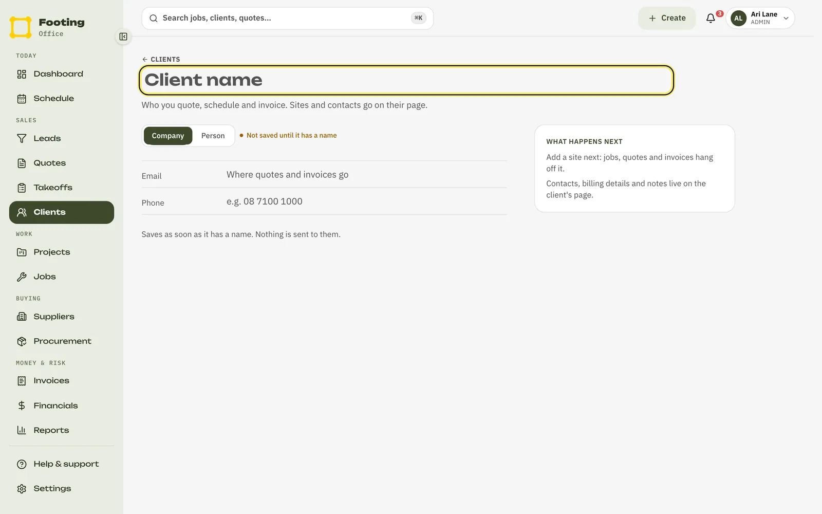 The new client page with the Client name box ringed