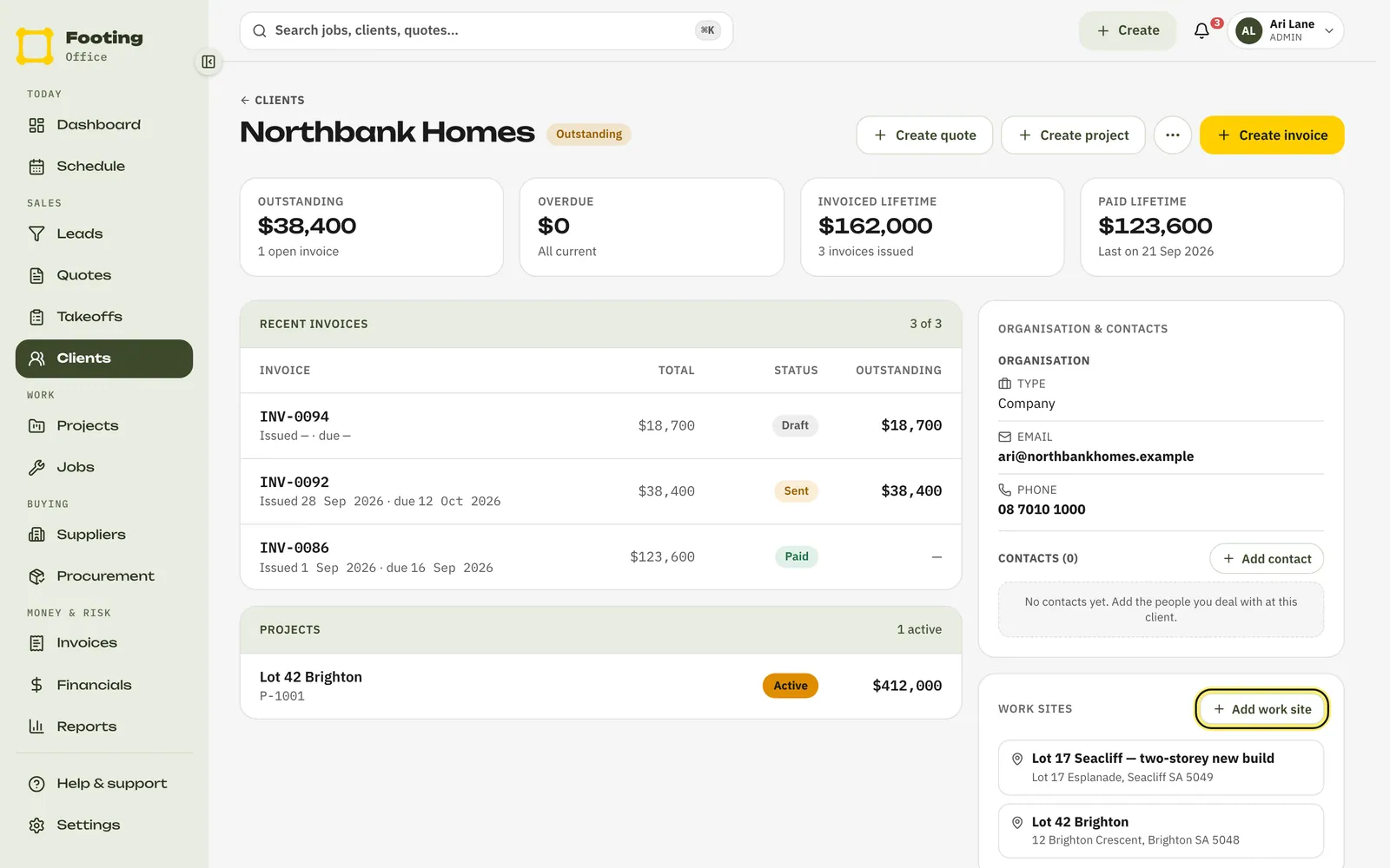 A client's page with the Add work site button ringed in the Work sites card