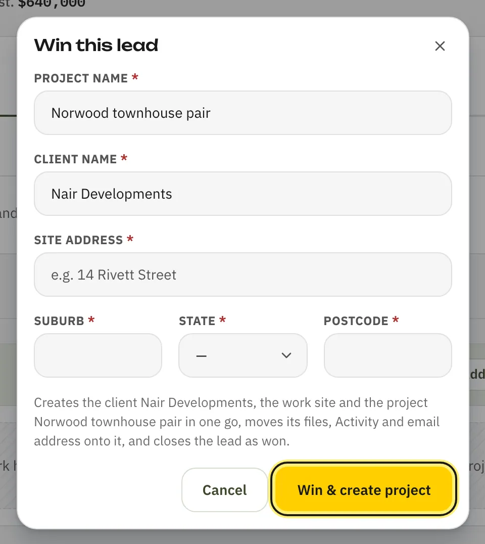 The Win this lead box with project name, client name and site address