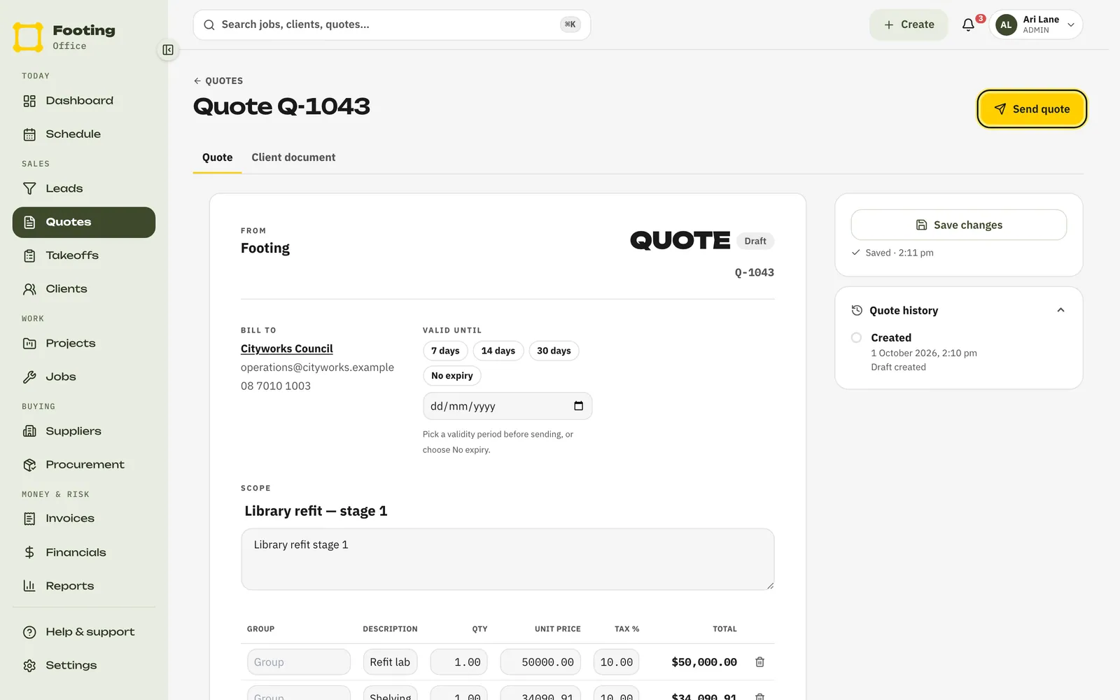 A draft quote showing the Valid until choices, line items and the Send quote button