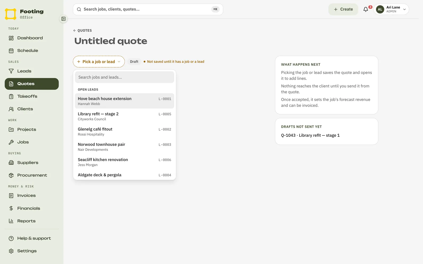 A new quote with the list of open leads and jobs to pick from