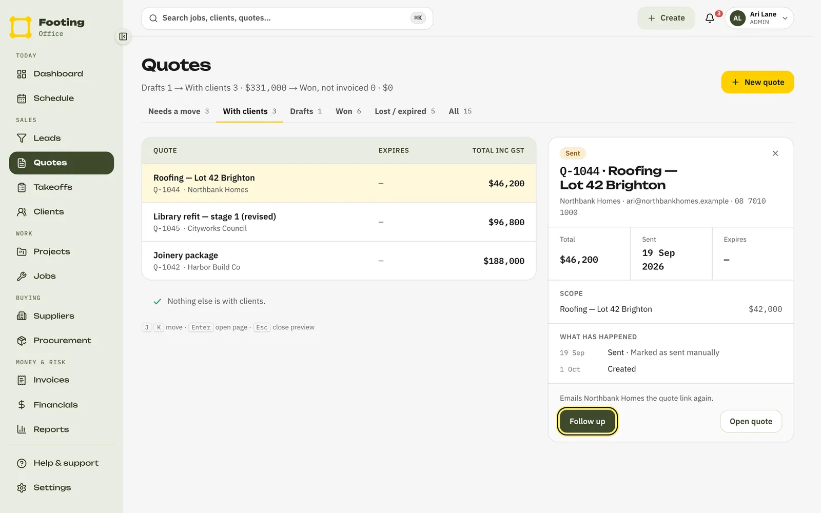 The Quotes page on the With clients tab, with a quote open on the right and its Follow up button ringed