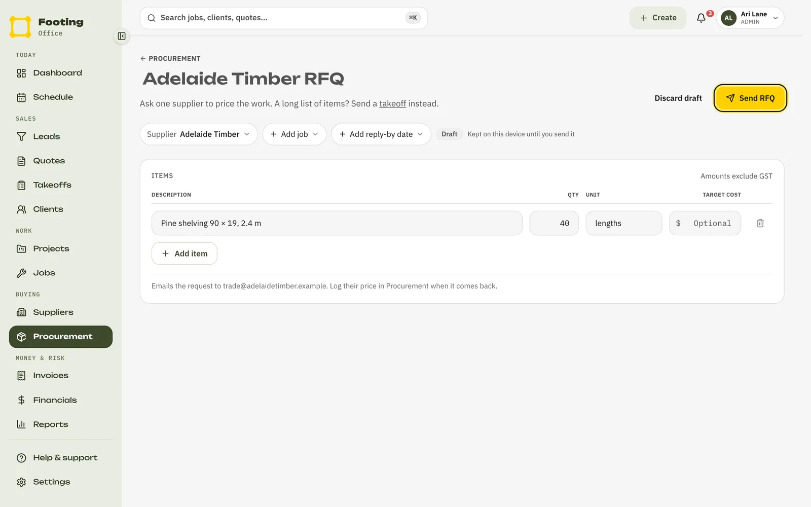 A new RFQ to Adelaide Timber with one item filled in and the Send RFQ button ringed