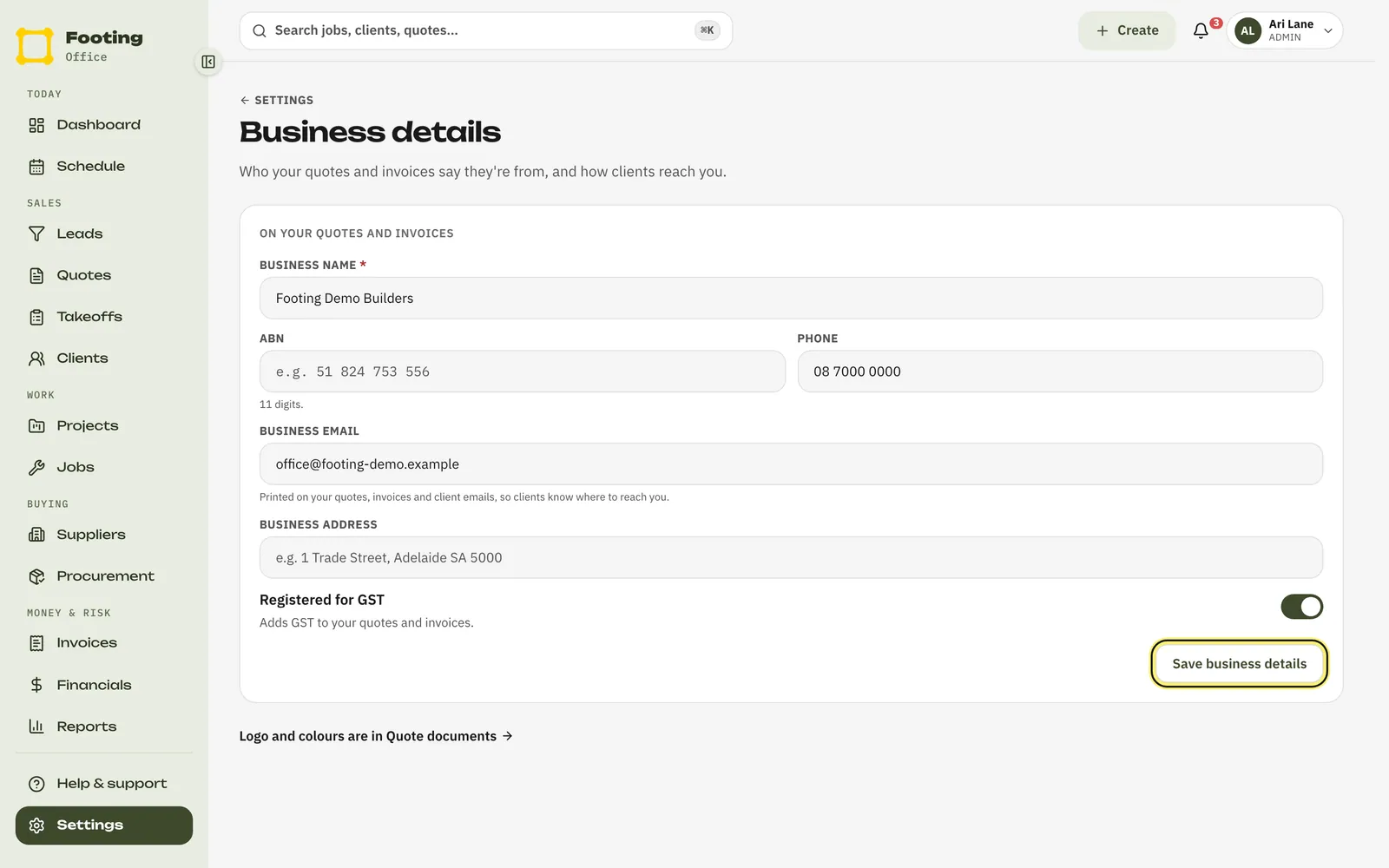 The Business details page with the Save business details button