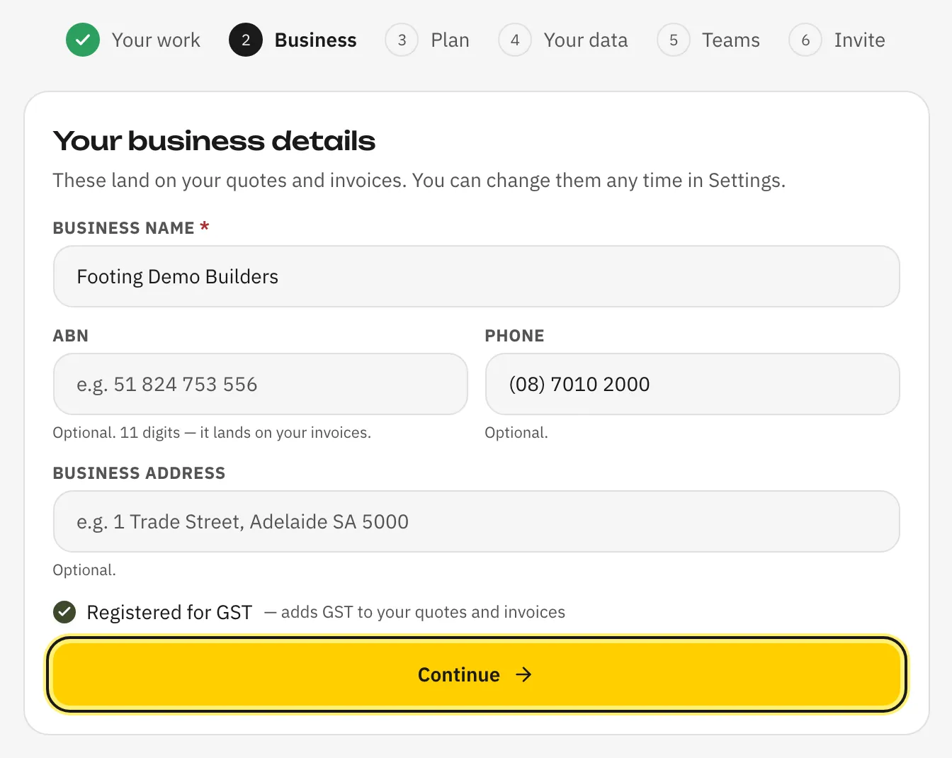 The Business step of setup, with the business name filled in and the Continue button