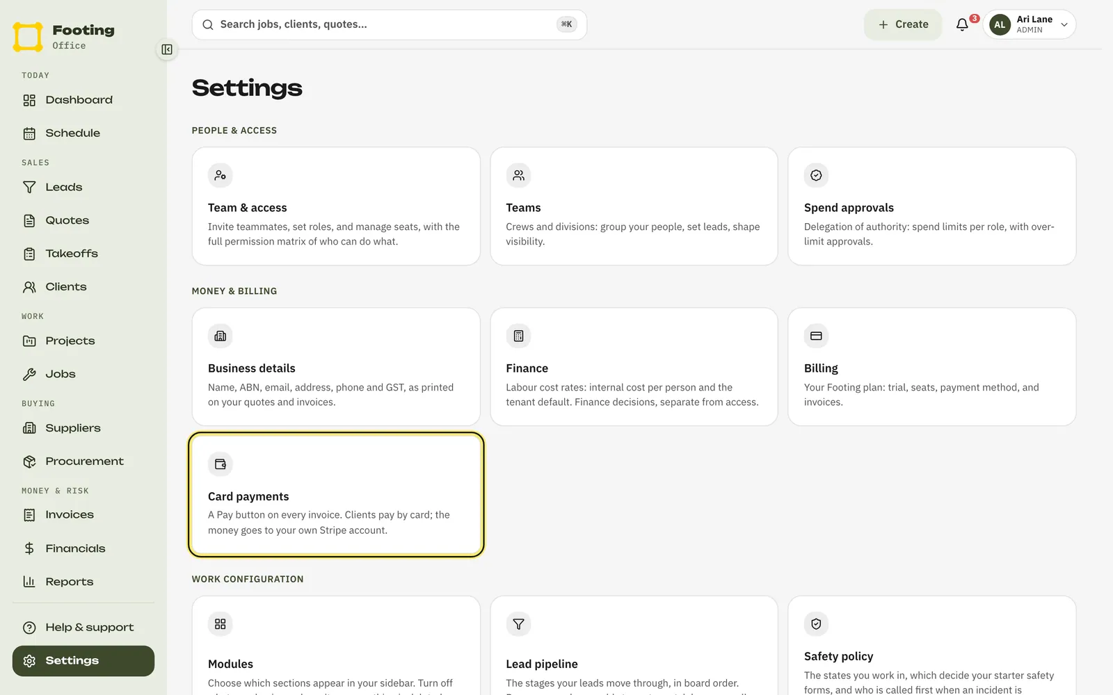 The Settings page with the Card payments tile under Money and billing