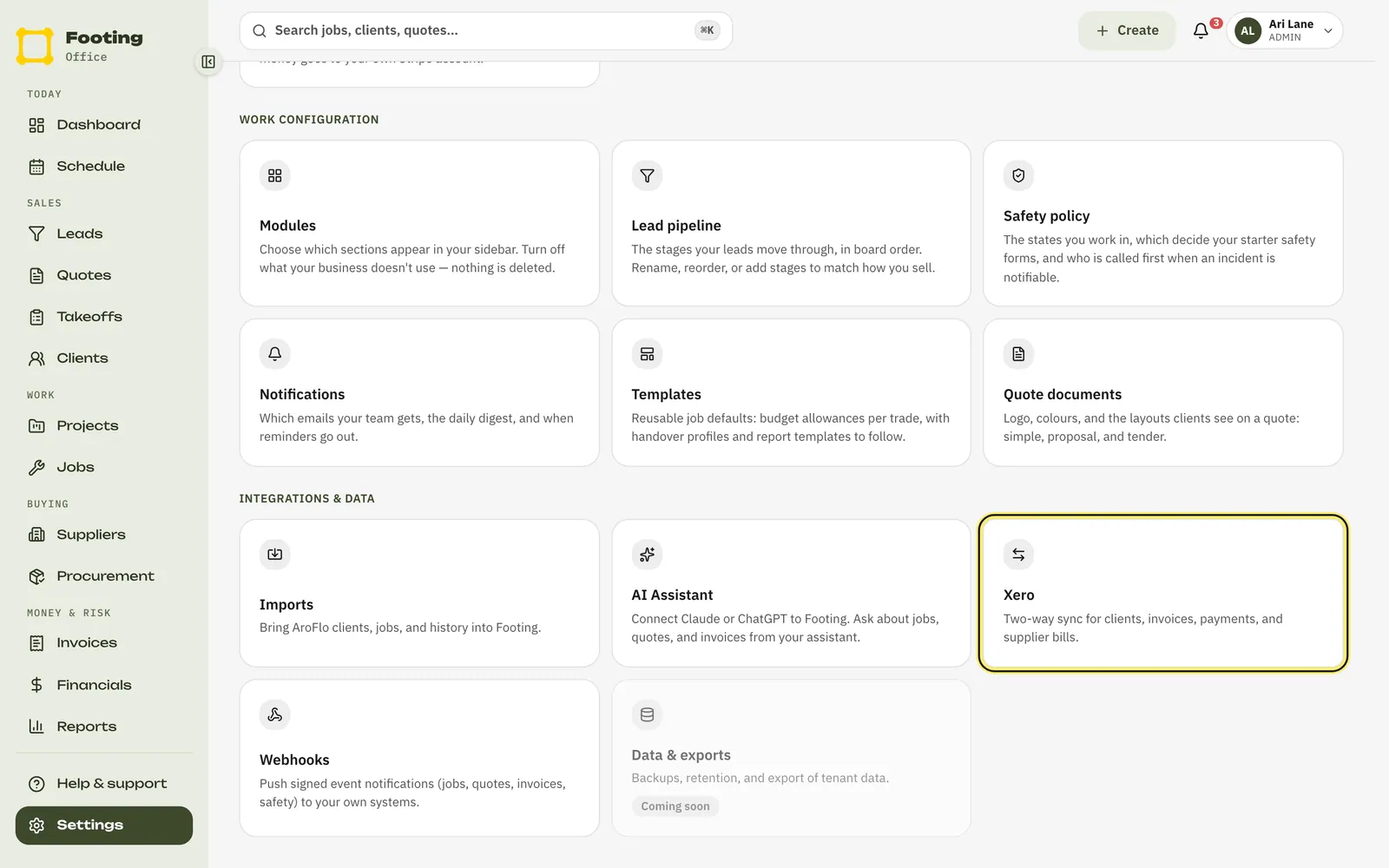 The Settings page with the Xero tile under Integrations and data