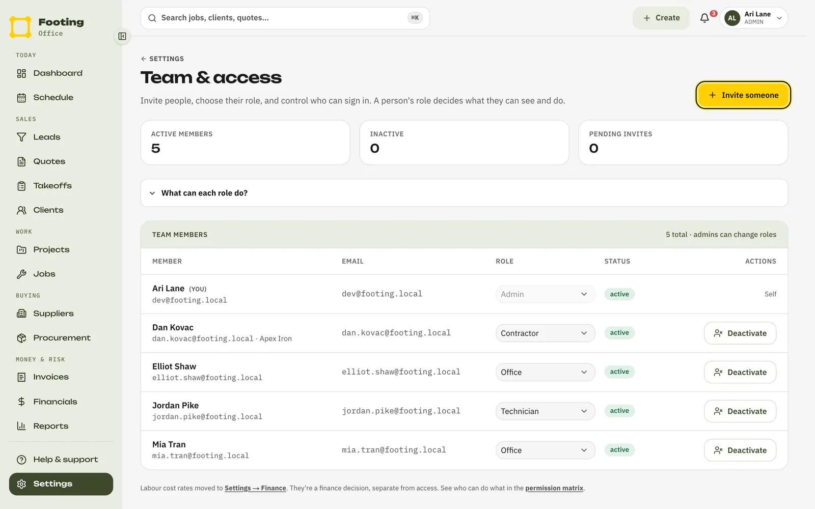 The Team & access page with the Invite someone button