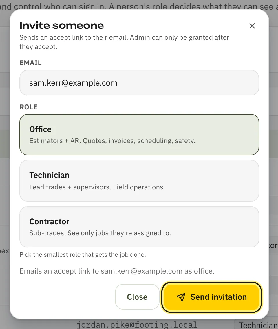 The Invite someone form with an email typed in and the Office role picked