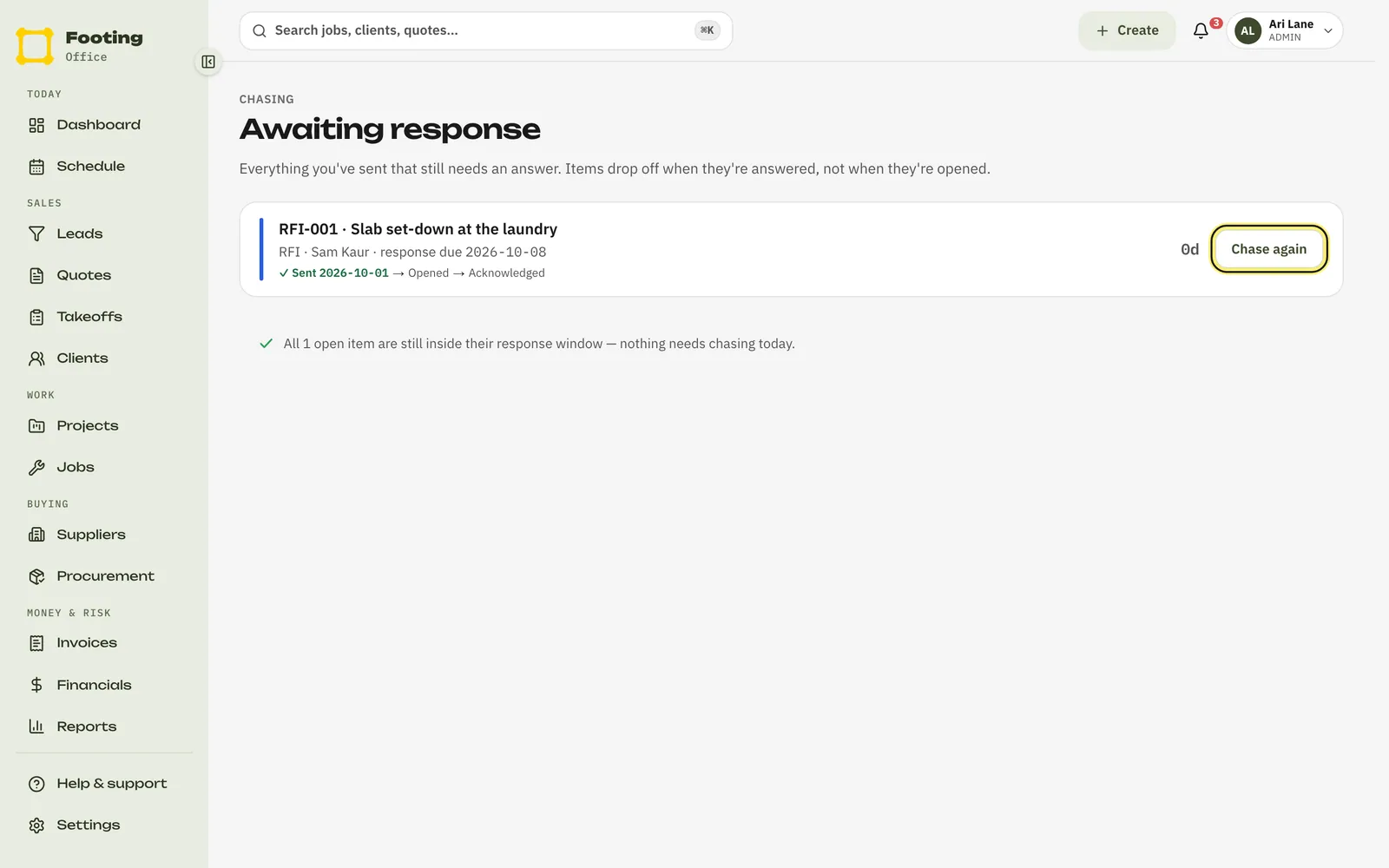Awaiting response, listing an RFI with its progress and a Chase again button