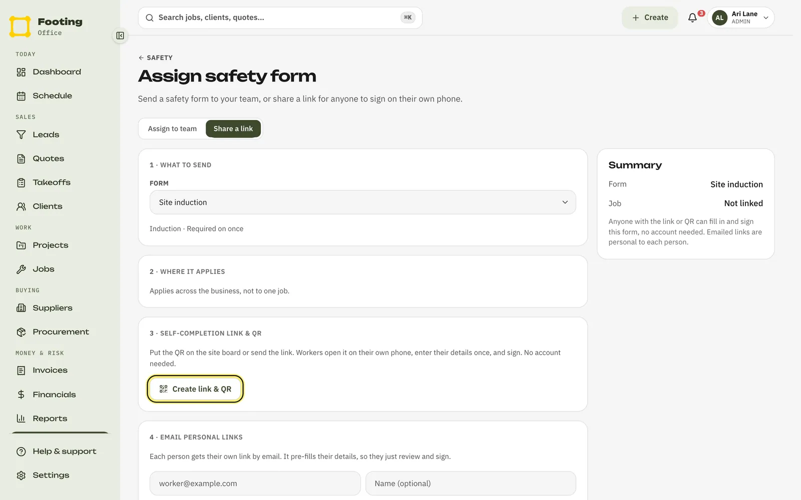 Share a link for the Site induction, with the Create link & QR button