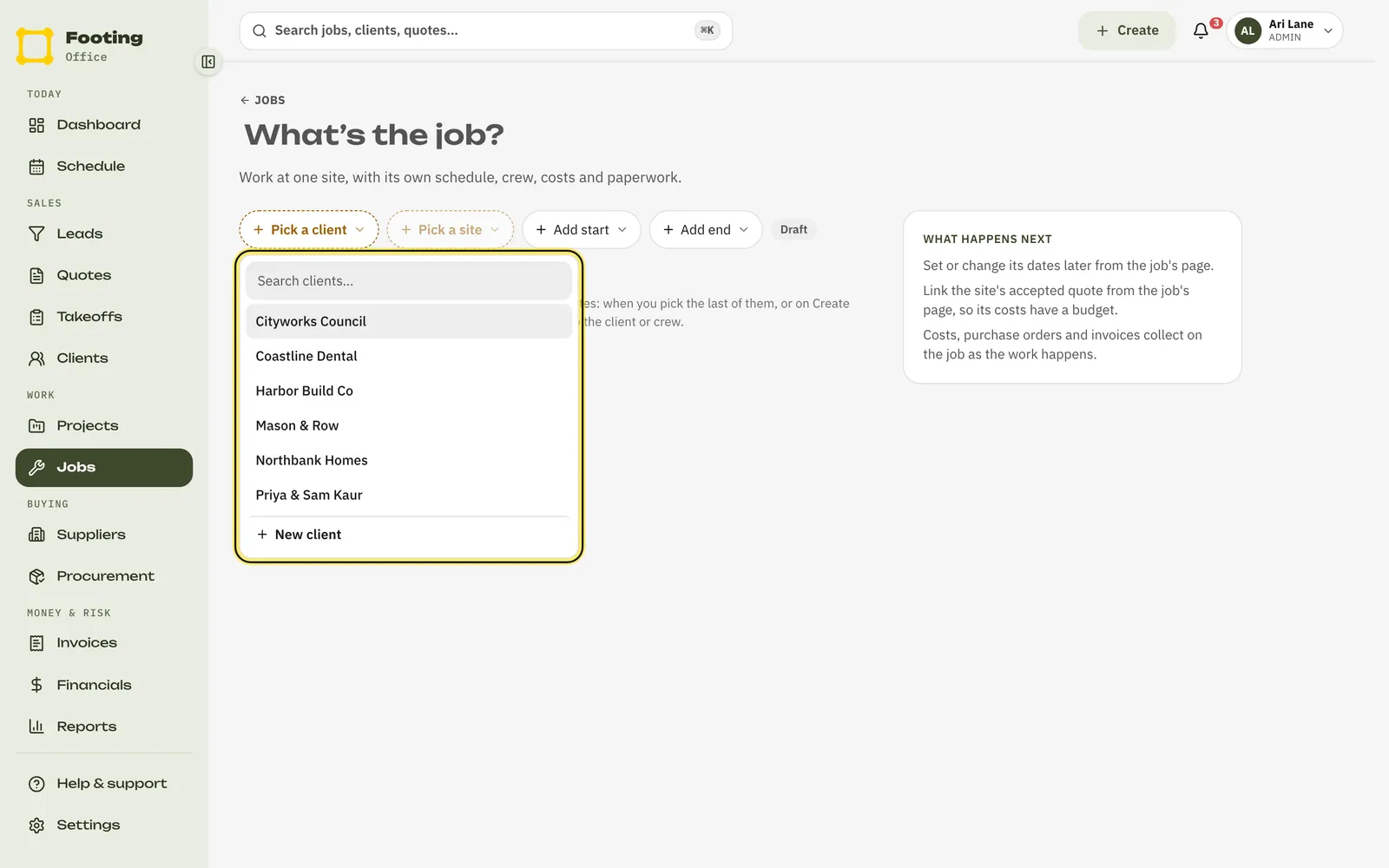 A new job with the client list open, and chips for the site, start and end dates
