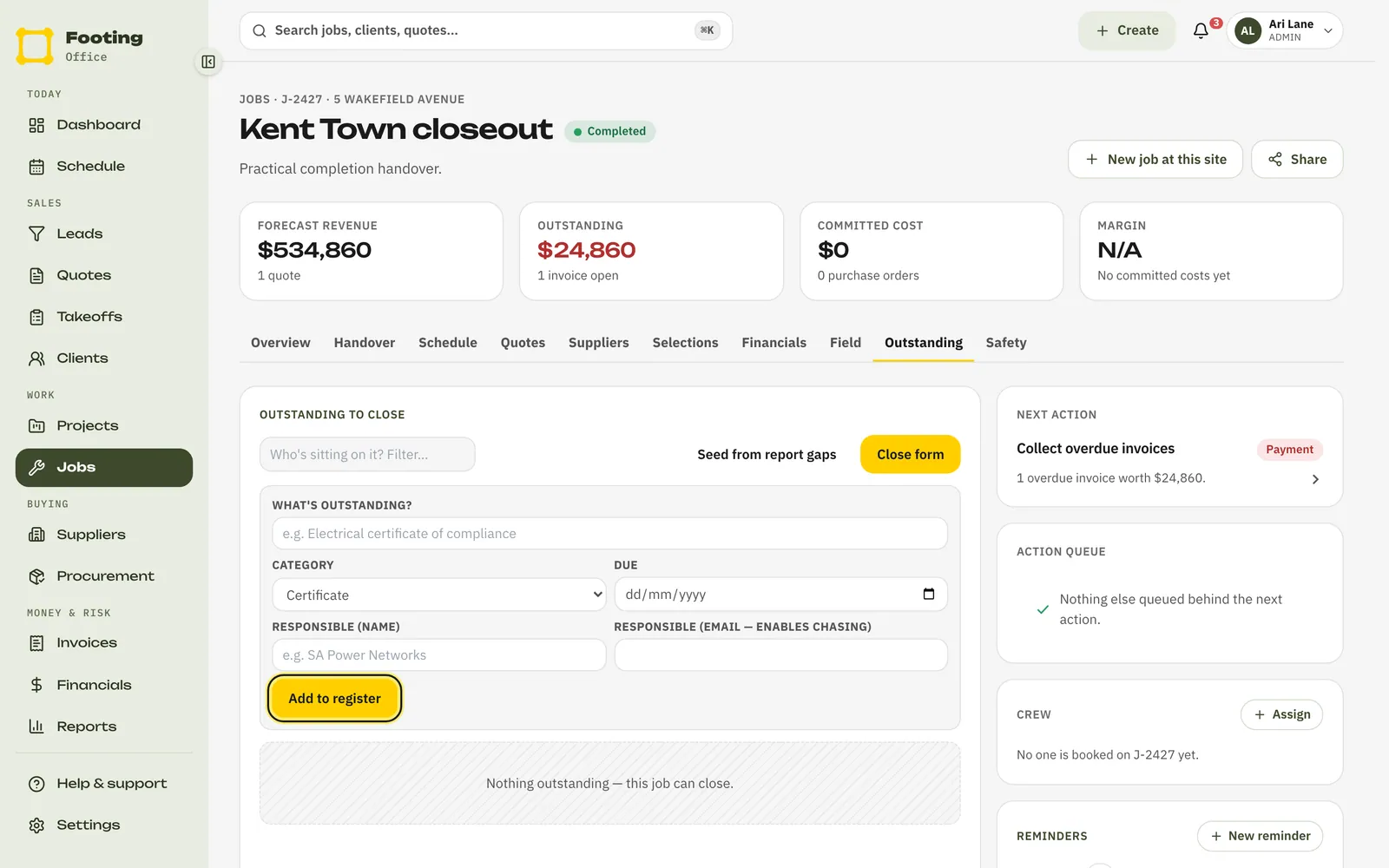 The Outstanding tab with the Add item form open