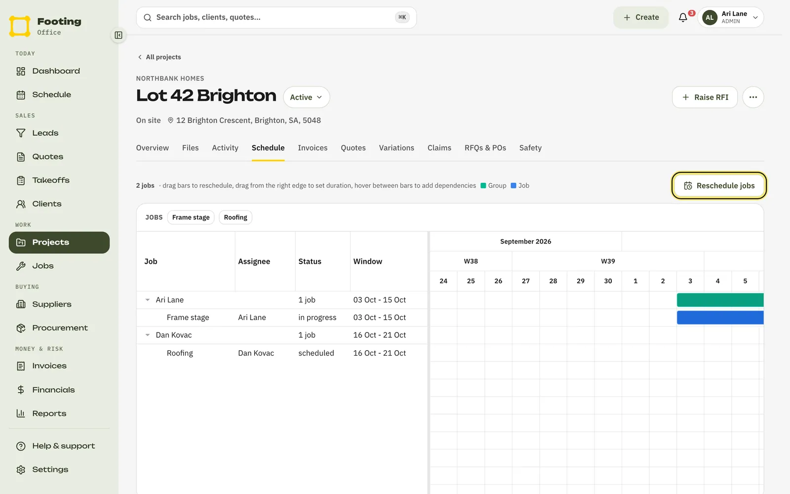 A project's Schedule tab showing its jobs as bars, with the Reschedule jobs button