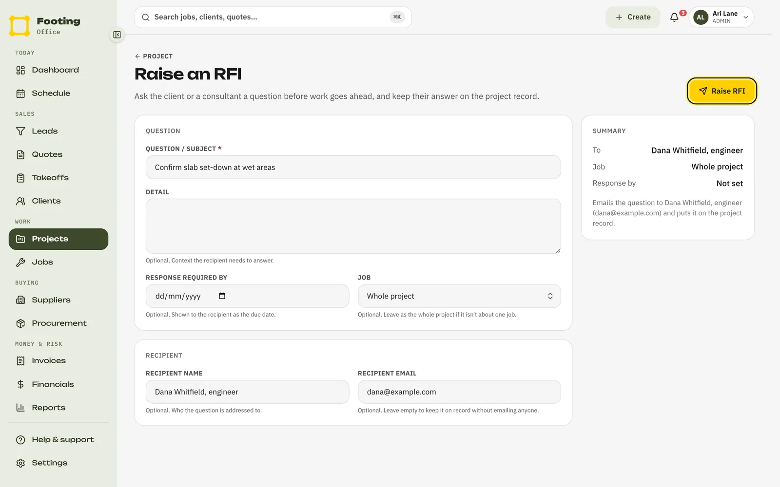 The Raise an RFI page filled in, with the Raise RFI button at the top