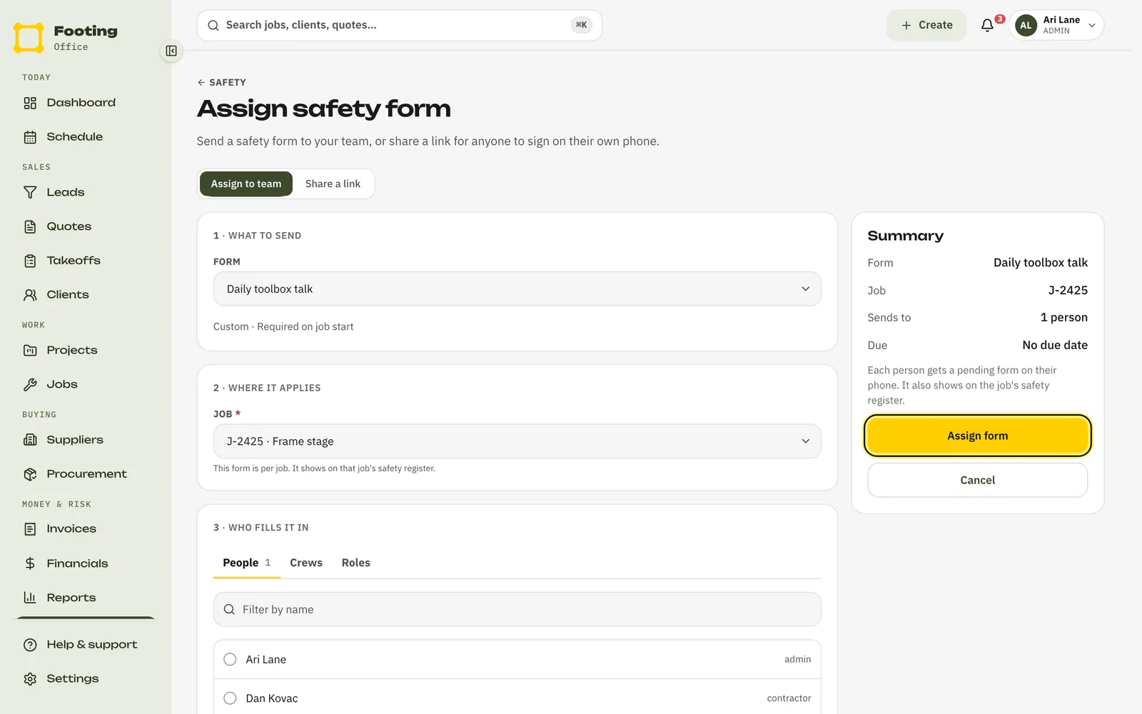 Assign safety form with a job and one person picked, and the Assign form button