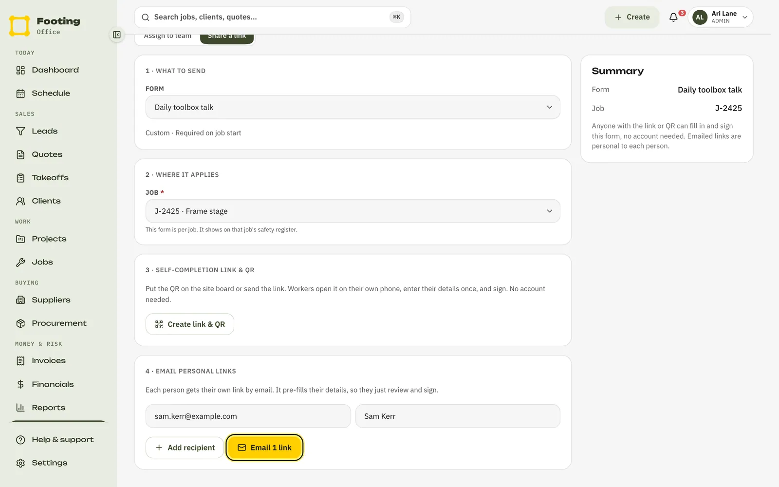 Share a link, with a worker’s email and name typed in and the Email 1 link button